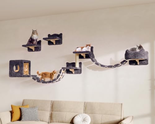 9-in-1 Cat Wall Shelves, Cat Wall Furniture Set with Bridge, Grey - color: Grey, size: 9-in-1