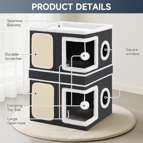 Shikha 2 Story Cat House beds for Indoor Cats with Scratch Pads Black - color: Black, size: Double