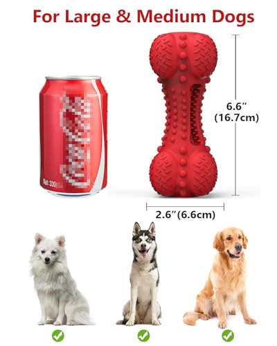 SCHITEC Squeaky Dog Chew Toy for Aggressive Chewers Large Breed, Tough Interactive Teething Rubber Bone for Big Medium Dogs - color: Red