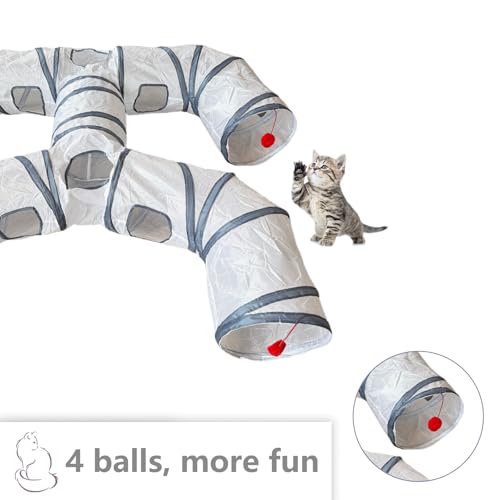 Foldable H-Shaped Cat Tunnel Toy with Interactive Playing Balls - 4 Exits for Cats, Kittens, Rabbits & Small Pets Collapsible Play Tube for Indoor Fun & Exercise - color: White Gray