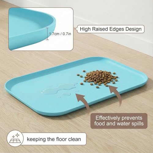 Waterproof Silicone Pet Feeding Mat Blue with Raised Edge,24" x 16"Non-Skid Spill Proof Dog Bowl Mats, Easy Clean Cat Bowls Placemat for Cats and Dogs - color: Blue, size: 60 x 40 cm