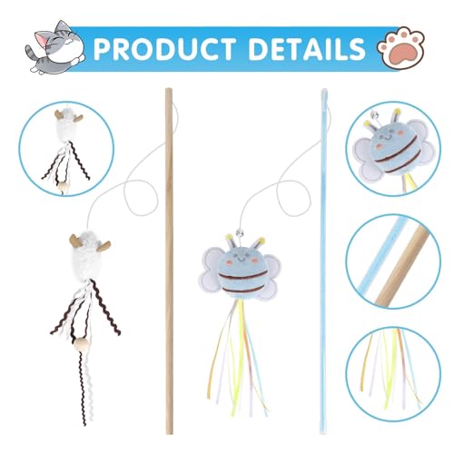 NOWFRESH Cat Wand Toy Set, 2 PCS Interactive Cat Teaser Wands with Cute Red Snake & Green Snake Designs, Equipped with Bells and Streamers to Captivate Your Cat’s Attention - color: red snake and green snake