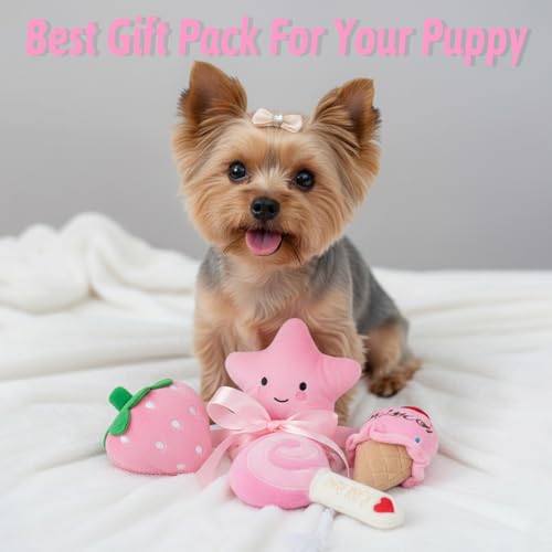 4-Pack Squeaky Plush Dog Toys for Small Dogs – Puppy Toys Gift Set, Soft Chew Toys for Chihuahua, Yorkie, Poodle | Pink Themed (Strawberry, Star, Ice Cream, Lollipop)