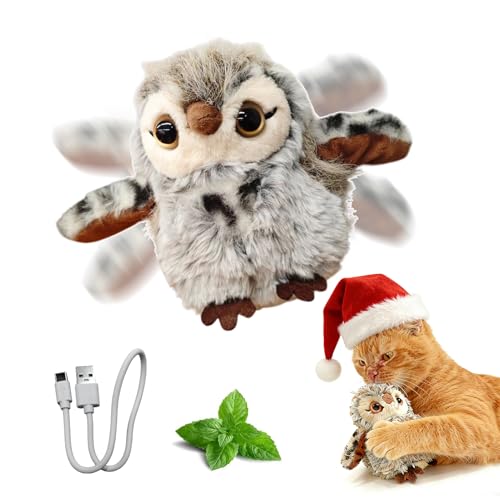 Puffluv Flapping Cat Toy,Can NOT Fly Chirping Owl Interactive 3-Mode Flapping Bird, Rechargeable USB with Catnip Pouch for Indoor Kitty Playful Exercise Reduce Boredroom - style: Owl