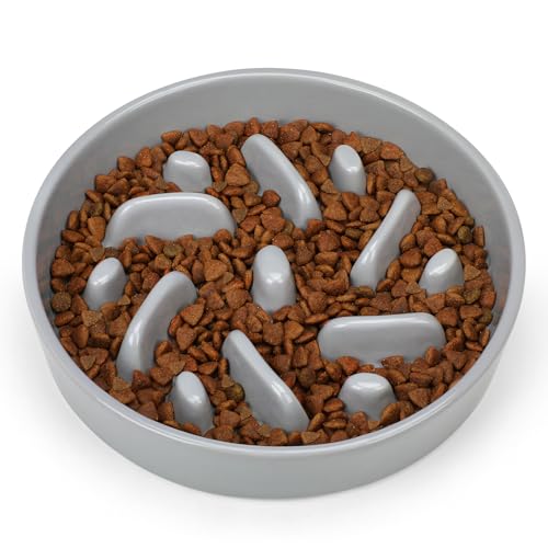 Ceramic Slow Feeder Dog Bowl, 2 Cups Maze Puzzle Dish to Slow Down Eating - color: Maze - Grey