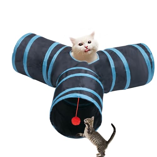 Cat Tunnel Tube Toys, 3 Ways Tunnels for Indoor Cats with Play Ball - color: 3 Way Black Blue