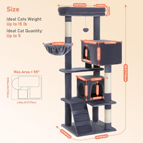 Cat Tree for Indoor Cats, 56.3" Multi-Level Cat Tower with 2 Condos - color: Dark Grey, size: 56 Inches