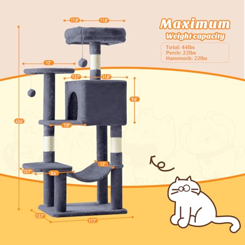 DUMOS 44 in Cat Tree Tower with Natural Sisal Scratching Posts - color: Dark Grey, size: 43.6Inch