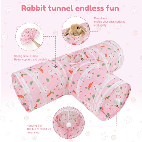 BWOGUE Bunny Tunnels & Tubes, 3-Way Collapsible Rabbit Hideout for Bunnies - color: Pink