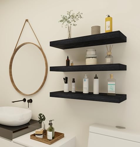Vervida® Black Floating Wall Shelves 24in Deep Set of 3 Holds 37lbs - color: Black, size: 24x7.9 (3Pcs)