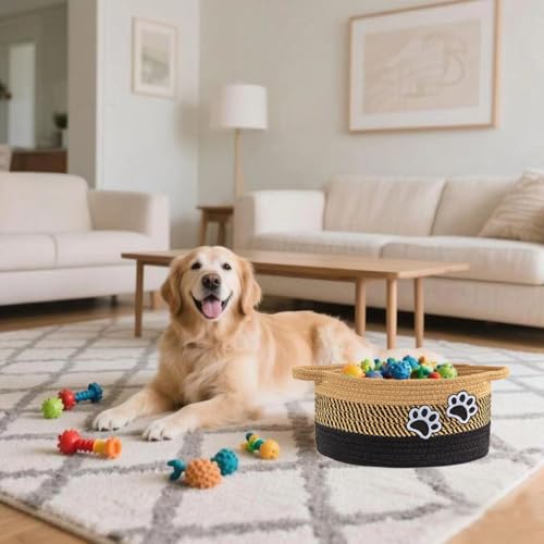 Small Woven Cotton Rope Nursery Organizer Bins, Dog Toy Basket Bins with Handle, Cute Empty Pet Gift Storage Baskets with Paw - color: Khaki-Black