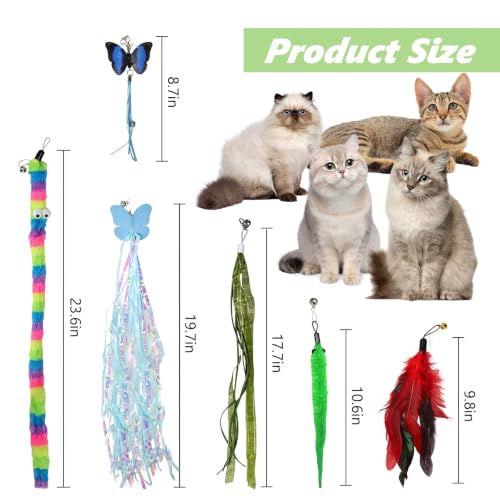Cat Wand Refills, Interactive Cat Toys Replacement with Feather, Worm, Ribbon, Caterpillar, Butterfly Attachments, Retractable Cat Teaser Wand Refill (Feather+String 10 Pack) - color: Feather+String 10 Pack