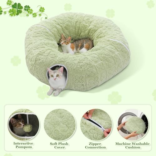 PEQULTI Green Donut Cat Tunnel Bed Washable Plush Mat for Multi Small Pets - color: Green