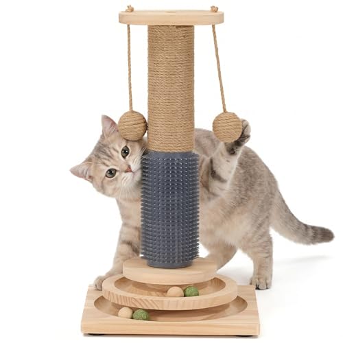 4-in-1 Solid Wood Cat Scratching Post with Self-Groomer, Medium Size - size: Medium