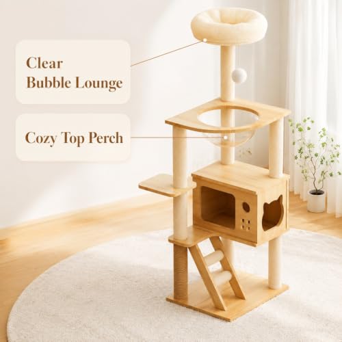 Wood Cat Tree Tower with Clear Bubble Window, Multi-Level Cat Condo with Scratching Posts, Ladder Top Perch Bed & Hanging Ball Toy, Indoor Activity Cat Furniture for Kittens Large Cats - color: （1）Natural+White + MDF
