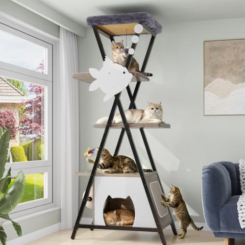 HavenlyYouth Modern Cat Tree for Indoor Cats, Tall Cat Tower with Condo, Multi-Level Cat Tree with Cave, Scratching Board,Removable Pads for Cats, X Style, Light Gray