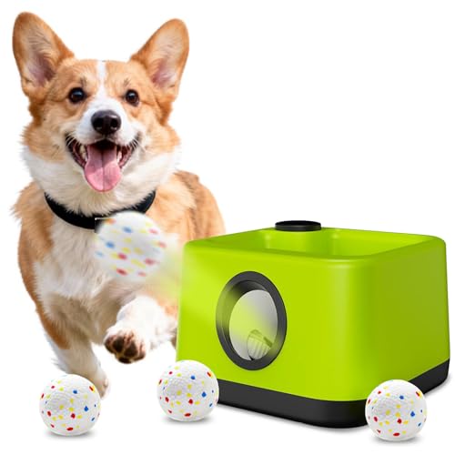 Automatic Dog Ball Launcher: Upgraded Auto/Manual Pet Ball Thrower Toy for Dog Indoor/Outdoor Play Include 4 Chew-Resistant Balls - Home,Park,Yard Dog Self Play Companion