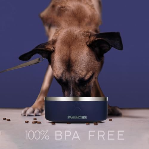 FAHRMOSIS 32 Oz Dog Bowl with Slow Feeder Insert Stainless Steel Pet Water Bowl for Medium & Large Breed Non Slip Rubber Base & Plastic Puzzle Feeder - Navy Blue - color: Navy Blue, size: 32 OZ