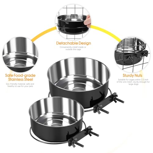 2 Pcs Stainless Steel Large Dog Crate Food Water Bowl, 56 & 41 OZ - color: Black, size: L (56 & 41 OZ)