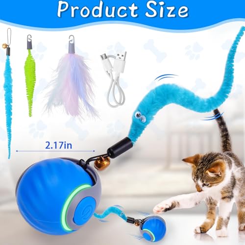Interactive Cat Toy Ball - Motion-Activated, USB Rechargeable Cat Toys for Indoor Cats with Anti-Scratch Cover & 2 Changeable Tails - Enrichment Toy for Active Cats & Kittens - color: 02 Blue
