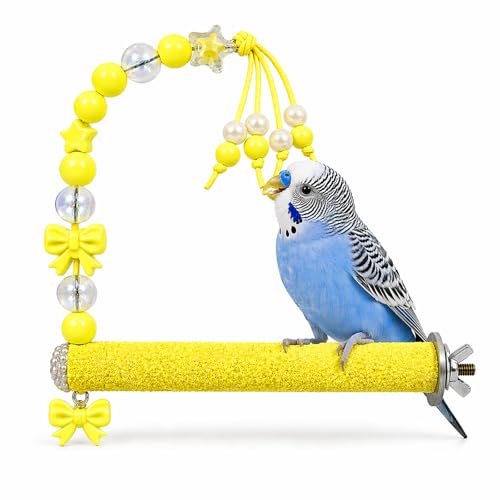 Bird Parrot Perch with Beads and Bow Chew Toy,Cage Platform Toy and Exercise Accessories for Budgies Parakeets Cockatiels Conures and Lovebirds (Yellow) - color: yellow