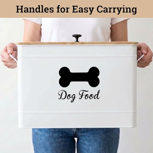 Metal Dog Food Container 15-20 lbs w/ Airtight Bamboo Lid, 70 Cup Capacity - color: White: Bone