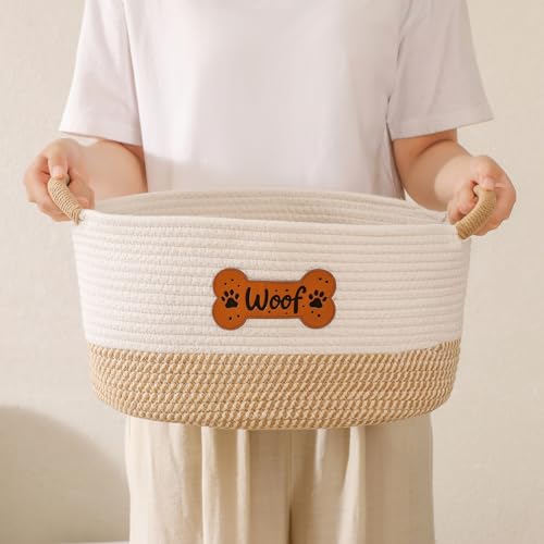 Dog Toy Basket, Dog Toy Box Organizer Baskets, Woven Cotton Rope Pet Puppy Dogs Toy Bin With Handle, Chew Toys Blankets Leashes Storage Baskets for All Pets - Puppies to Large 14" L x 10.2" W x H 7.9" - color: Yellow Woof