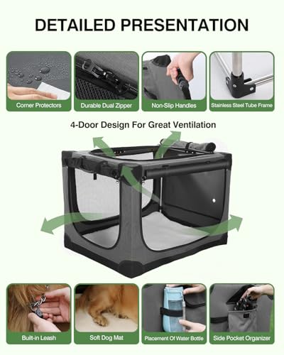 Veraste 24 x 17 x 17 in 4-Door Collapsible Soft-Sided Mesh Dog Crate, Grey - color: Grey, size: 24.0"L x 17.0"W x 17.0"H
