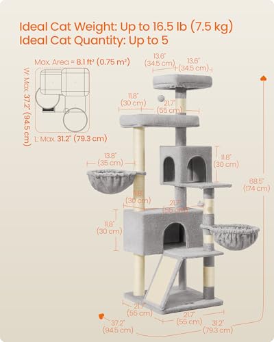 Feandrea Cat Tree, 68.5-in Tall Cat Tower, Multi-Level Condo, Dove Gray - color: Dove Gray