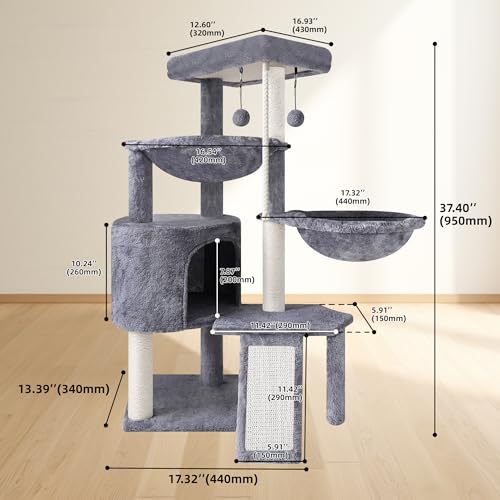 Three Layer Cat Tree with Cat Condo and Two Hammocks,Grey - color: Grey, size: Small
