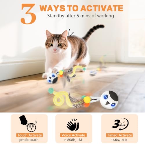 Cat Ball Toy, Upgraded Smart Motion Sensor Moving Ball with 3 Speed Modes & 4 Sounds, Interactive Toy for Indoor Cats, Motion Activated, Chirping Light, 2 Feather Tails(White) - color: White