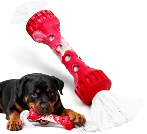 Indestructible Dog Chew Toy, Durable Heavy-Duty Rubber for Aggressive Chewers & Puppy Teething, Interactive Fetch Toy for Large/Medium Dogs to Beat Boredom, Cream Scented, Red/White