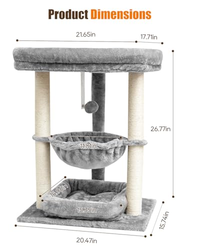 SYANDLVY Small Cat Tree for Indoor Cats with Top Perch Hammock & Bottom Bed - color: Grey