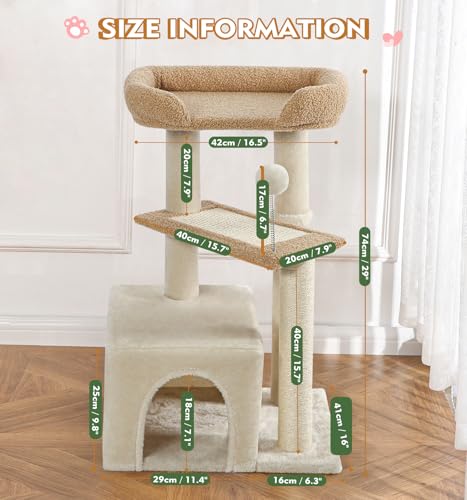 Made4Pets Cat Tree, Carpet Cat Tower Grey for Indoors Cats, Cute Wood Kitty Condo with Scratching Post and Pad, 29" Multi-Level Modern Activity Climbing Furniture for Small and Medium Cats - color: Buff Yellow