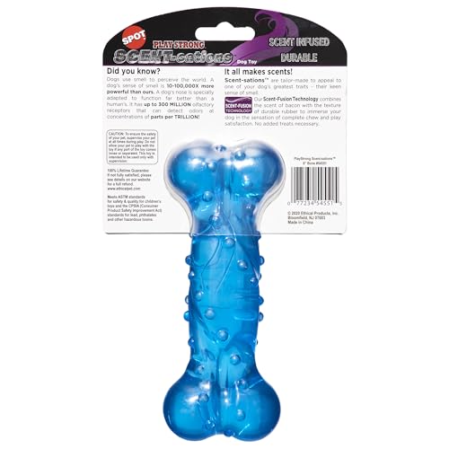 SPOT Play Strong Scent-sations Bone - Scent-Infused, Strong, Durable TPR Rubber, Heavy Duty Dog Toys for Aggressive Chewers up to 45lbs, Perfect for Puppies & Medium Breeds, 6in, Bacon Flavored - color: Blue, size: 6 in