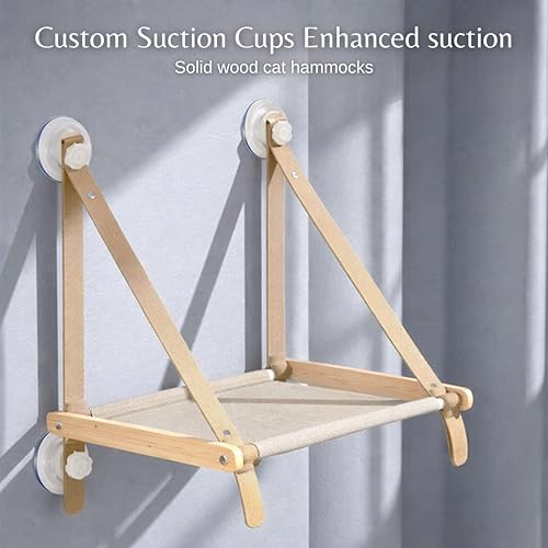 Cat Window Perch for Indoor Cats, Solid Wood Window Mounted Cat Bed with Washable Soft Seat, 4 Strong Suction Cups, Stable Hanging Hammock Lounge for Large Cats
