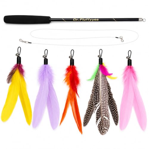 Cat Wand Toy with 5 Feather Attachments – Interactive Cat Teaser Wand & Cat Fishing Pole Toy for Indoor Cats, Feather Cat Toy for Exercise, Chase & Play, Fun Kitten Toys for Bored Cats