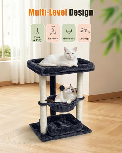 SYANDLVY 3 Level Small Cat Tree with Top Perch, Middle Hammock & Bottom Bed - color: Smoky