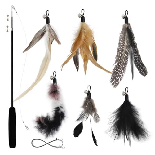 SONGWAY Interactive Cat Feather Toy Set - Retractable Teaser Wand with 6 Pcs Feather Refills with Bell, Cat Wand Toys for Indoor Cats Kittens Play Chase Exercise, Black - color: Black