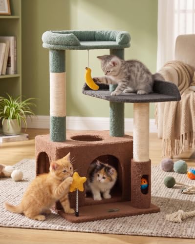 Small Cat Tree for Kittens, 30" Compact Cat Tower with Wide Base - color: Olive Green
