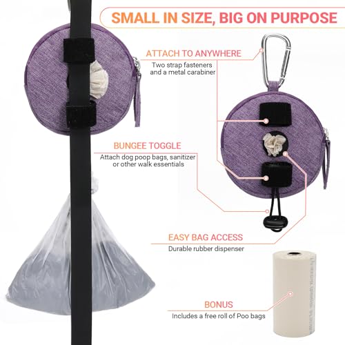 Dog Poop Bag Holder for Leashes- Dog Treat Pouch with Waterproof Zipper,Puppy Training Small Bag with Carabiner & Bungee Toggle,Two Pockets for Dry or Wet Treats-Pet Travel Walking Essentials (Purple) - color: Purple