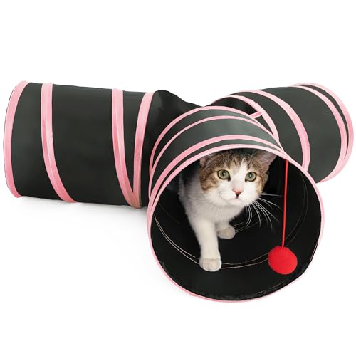 3-Way Cat Tunnels for Indoor Cats - Rabbit Hideouts - Durable and Collapsible Cat Tubes for Active Play (Pink) - color: Pink