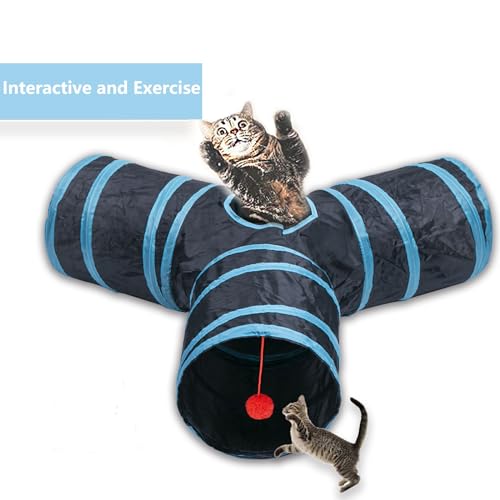 Cat Tunnel Tube Toys, 3 Ways Tunnels for Indoor Cats with Play Ball - color: 3 Way Black Blue