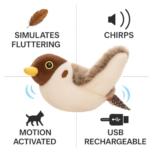 Flying Bird Cat Toy (Not a Flying Toy) – Flappy Bird Cat Toy with Flapping Wings & Chirping Sound, USB Rechargeable Motion-Activated Toy for Indoor Cats - color: Brown & White Bird