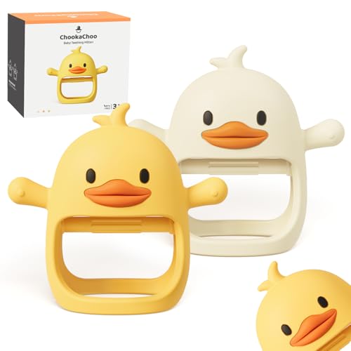ChooKaChoo 2 Pack Baby Teething Toy for Over 3 Months, Food Grade Silicone Teething Mitten, Anti Dropping Wrist Hand Teethers Baby Chew Toys for Sucking Needs, BPA Free (Duckie) - color: Duckie