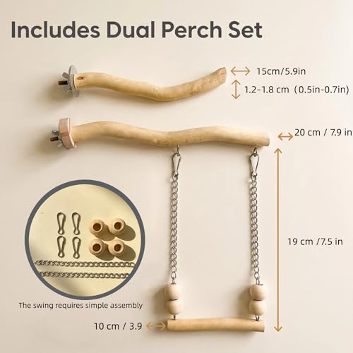 Bird Perch and Swing for Small Birds, Natural Wood Cage Accessories - size: Short