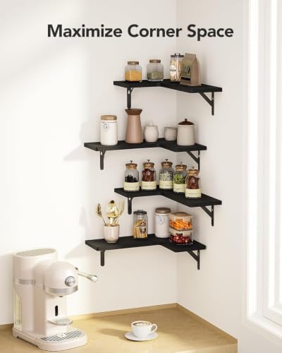 Amada Corner Floating Shelves, Paulownia Wood, Set of 4, Black - color: Black