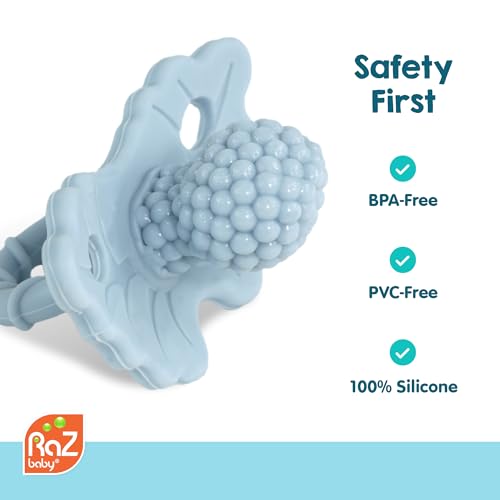 RaZbaby Bear RaZbuddy w/RaZberry Teething Relief Pacifier – Soothes Sore Gums w/Nature-Inspired Texture, 100% BPA-Free Silicone Teether, Detachable Stuffed Animal – 3 Months+ Teether, Coconut - color: Bear