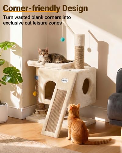 Eco-Wood Cat Tree Tower,【Small but All-in-One】with Scratching Posts, Indoor - color: Oatmeal
