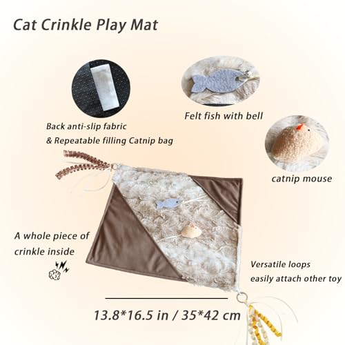 Cat Crinkle Mat with Mouse Toy,14x16" Interactive Cats Play Mat with Catnip - color: Brown